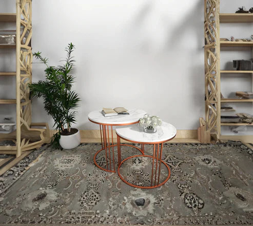 Anasay Classic Copper Tethered Marble-Finish Wooden Top Nesting Table Set of 2