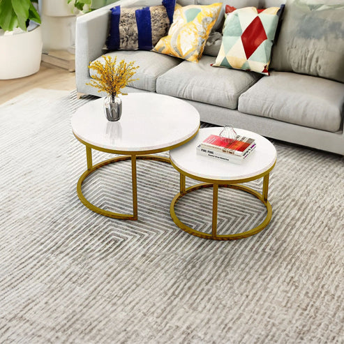 Anasay Classic Round Coffee Table Set of 2 with White Marble Finishing Wooden Tops & Golden Metallic Base