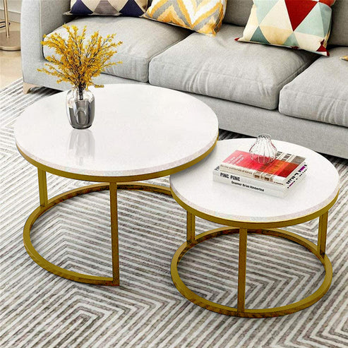 Anasay Classic Round Coffee Table Set of 2 with White Marble Finishing Wooden Tops & Golden Metallic Base