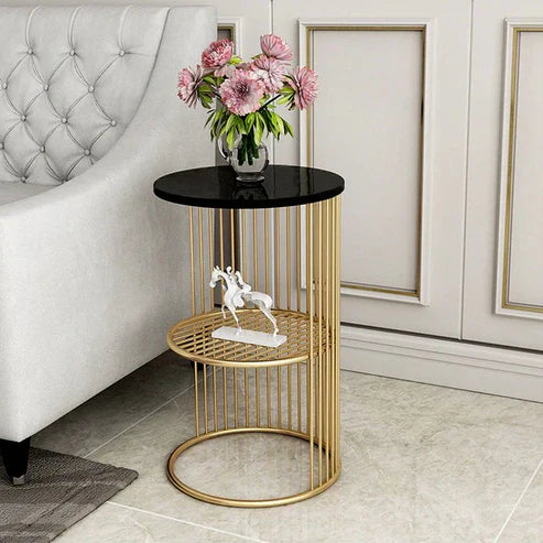Anasay Golden Half-Caged Marble-Finish Wooden Top Round Side Table