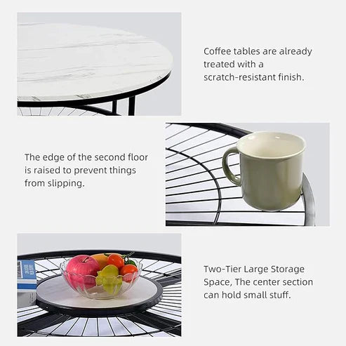 Anasay Designer Round Modern Center Table with White Marble Finishing Wooden Top & Black Metal Base