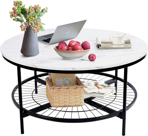Anasay Designer Round Modern Center Table with White Marble Finishing Wooden Top & Black Metal Base
