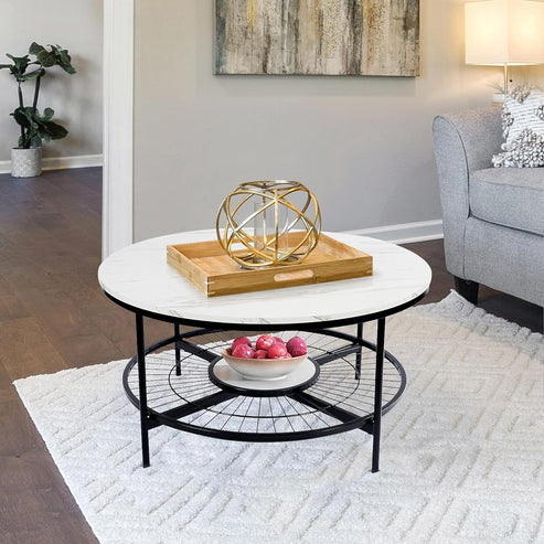 Anasay Designer Round Modern Center Table with White Marble Finishing Wooden Top & Black Metal Base