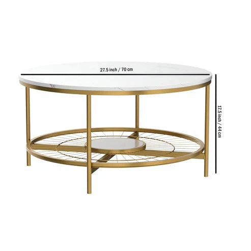 Anasay Designer Round Modern Center Table with White Marble Finishing Wooden Top & Golden Metal Base