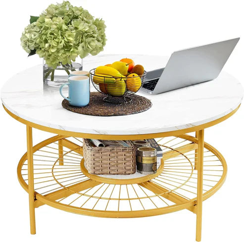 Anasay Designer Round Modern Center Table with White Marble Finishing Wooden Top & Golden Metal Base