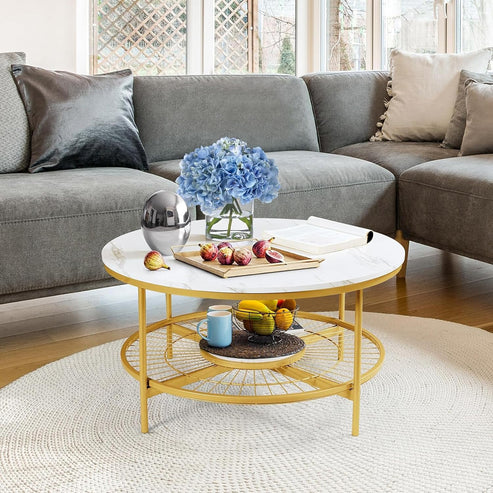 Anasay Designer Round Modern Center Table with White Marble Finishing Wooden Top & Golden Metal Base