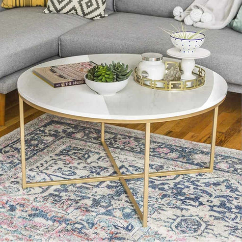 Anasay Criss-Cross Golden Marble-Finish Wooden Top Center Table