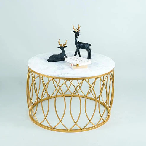 Anasay Luxurious Designer Round Shape Center Table with White Marble Finishing Wooden Top  Top & Golden Base