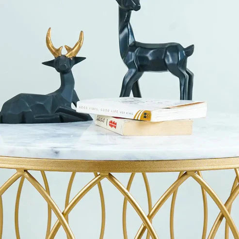 Anasay Luxurious Designer Round Shape Center Table with White Marble Finishing Wooden Top  Top & Golden Base