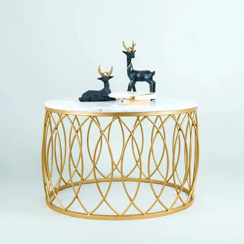 Anasay Luxurious Designer Round Shape Center Table with White Marble Finishing Wooden Top  Top & Golden Base