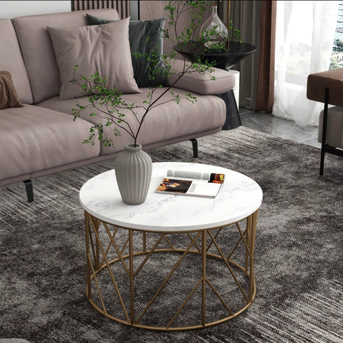 Anasay Luxury Metal Designer Center Table with White Marble Finishing Wooden Top