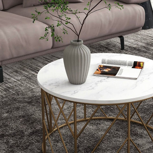 Anasay Luxury Metal Designer Center Table with White Marble Finishing Wooden Top