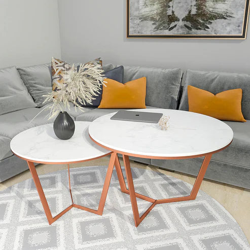 Anasay Copper Luxe Marble-Finish Wooden Top Nesting Center Table Set of 2