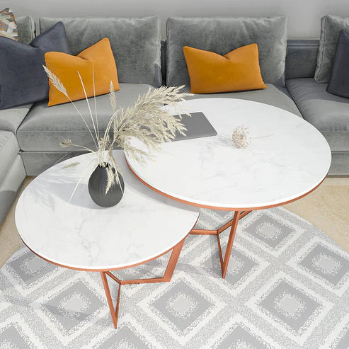 Anasay Copper Luxe Marble-Finish Wooden Top Nesting Center Table Set of 2