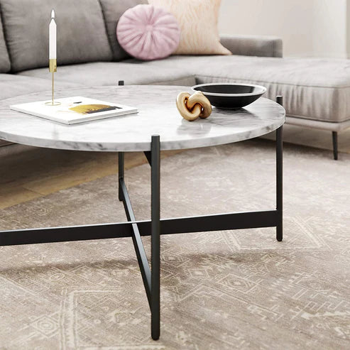 Anasay Minimalist Criss Cross Black Metal Marble-Finish Wooden Top Center Table