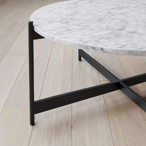 Anasay Minimalist Criss Cross Black Metal Marble-Finish Wooden Top Center Table