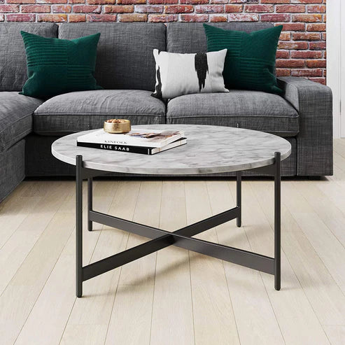 Anasay Minimalist Criss Cross Black Metal Marble-Finish Wooden Top Center Table