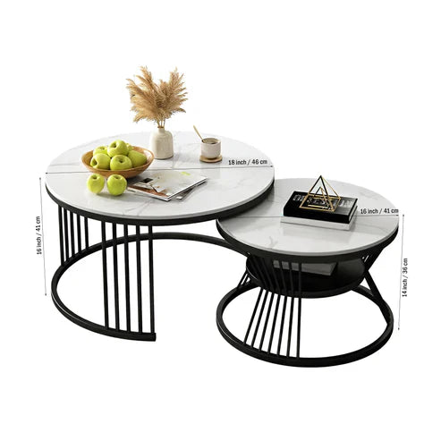 Anasay Modern Black Metal Marble-Finish Wooden Top Coffee Table