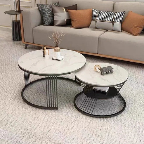 Anasay Modern Black Metal Marble-Finish Wooden Top Coffee Table