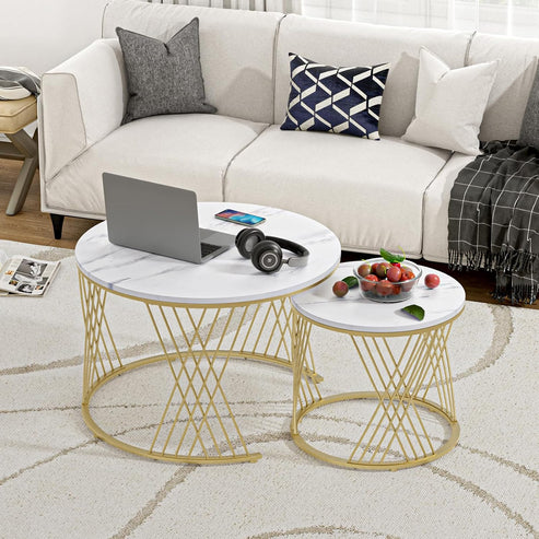Anasay Modern Rounded Marble-Finish Wooden Top Coffee Table