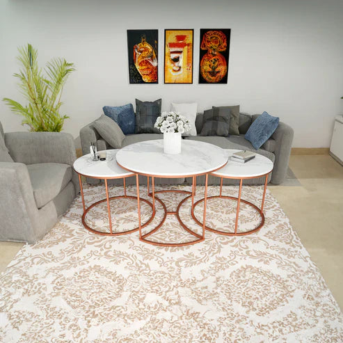 Anasay Premium Copper Marble-Finish Wooden Top Nesting Table Set of 3