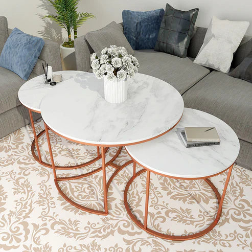 Anasay Premium Copper Marble-Finish Wooden Top Nesting Table Set of 3