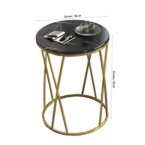 Anasay Designer Golden Marble-Finish Wooden Top Side Table – Black Round Top