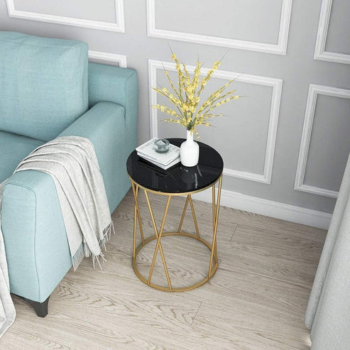 Anasay Designer Golden Marble-Finish Wooden Top Side Table – Black Round Top