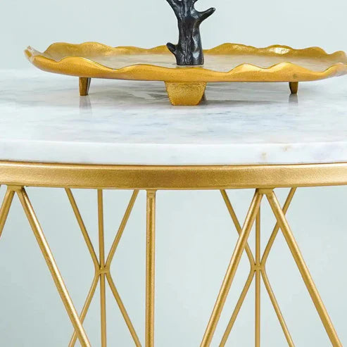 Anasay Premium Designer Round Shape Center Table with White Marble Finishing Wooden Top & Criss-Cross Base