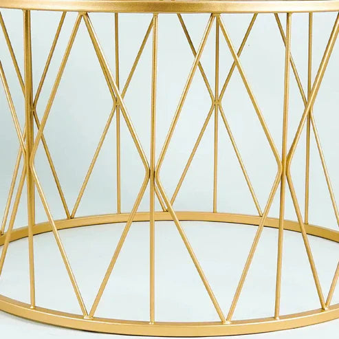 Anasay Premium Designer Round Shape Center Table with White Marble Finishing Wooden Top & Criss-Cross Base