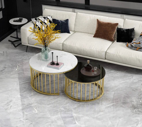 Anasay Premium Golden Caged Marble-Finish Wooden Top Table Set of 2