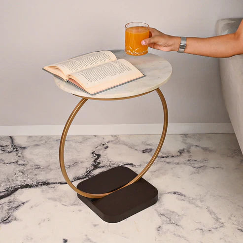 Anasay Golden Halo Marble-Finish Wooden Top Side Table – Premium Classic Design