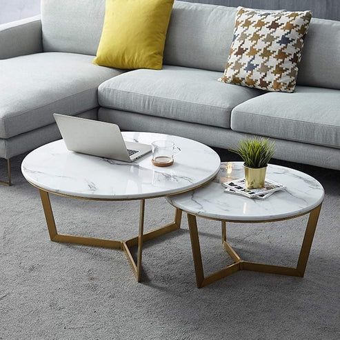 Anasay Premium Golden Marble-Finish Wooden Top Nesting Center Table Set of 2