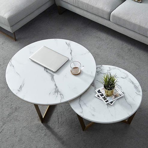 Anasay Premium Golden Marble-Finish Wooden Top Nesting Center Table Set of 2
