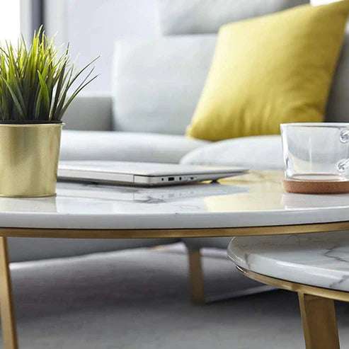 Anasay Premium Golden Marble-Finish Wooden Top Nesting Center Table Set of 2