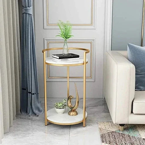 Anasay Two-Layer Marble-Finish Wooden Top Side Table with Metallic Stand