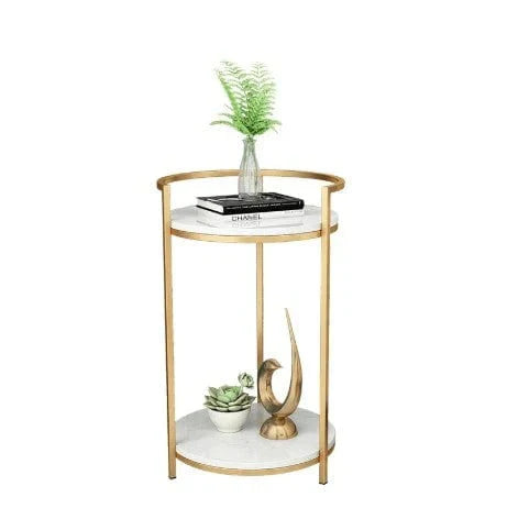 Anasay Two-Layer Marble-Finish Wooden Top Side Table with Metallic Stand