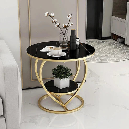 Anasay Premium Modern Heart Shaped Side Table with Black Marble Finishing Wooden Top & Golden Metal Frame