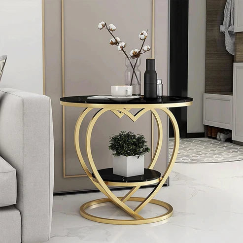 Anasay Premium Modern Heart Shaped Side Table with Black Marble Finishing Wooden Top & Golden Metal Frame