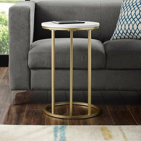 Anasay Compact Golden Marble-Finish Wooden Top Round Side Table