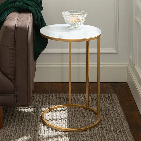 Anasay Compact Golden Marble-Finish Wooden Top Round Side Table