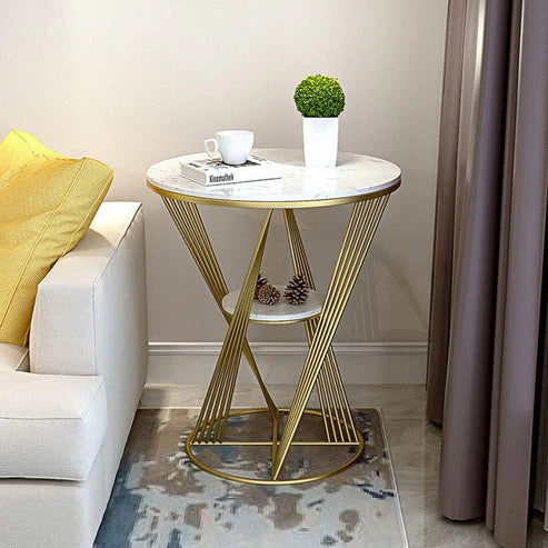 Anasay Natural Marble finish Wooden Top Designer Metal Side Table