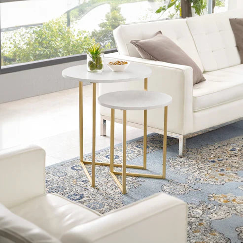Anasay Round Shape Iron Stand Side Wooden Top Table Set of 2 with Marble Finishing wooden Tops