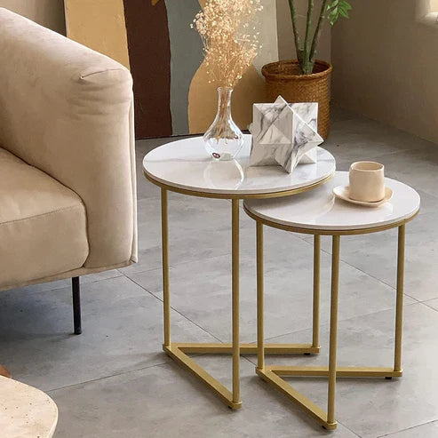 Anasay Round Shape Iron Stand Side Wooden Top Table Set of 2 with Marble Finishing wooden Tops