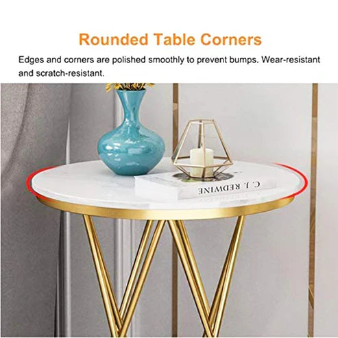 Anasay Designer Golden Marble-Finish Wooden Top Round Side Table