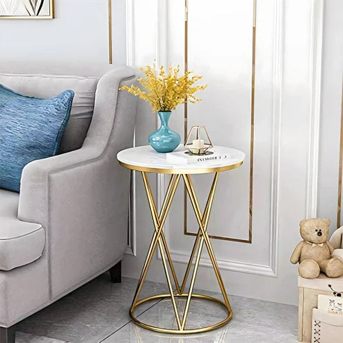 Anasay Designer Golden Marble-Finish Wooden Top Round Side Table