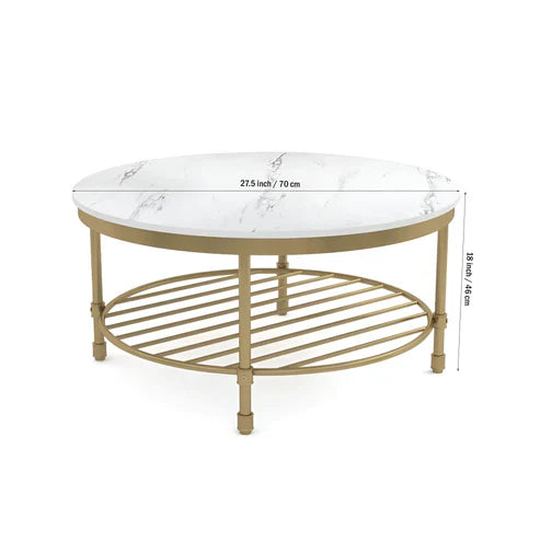 Anasay Two-Tier Round Coffee Table with White Marble Finishing Wooden Tops