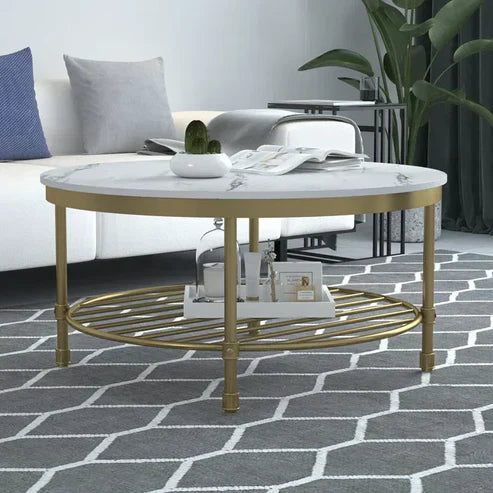 Anasay Two-Tier Round Coffee Table with White Marble Finishing Wooden Tops