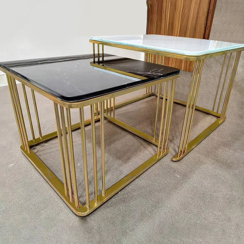 Anasay White & Black Square Shape Metallic Marbal Finishing Wooden Top Table Set of 2