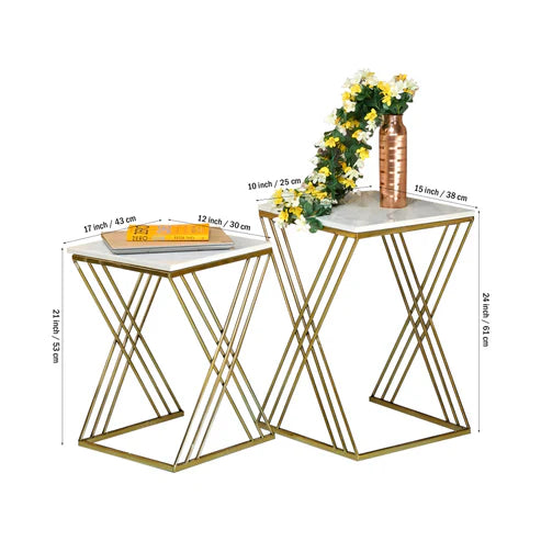 Anasay White Marble Finishing Wooden Top with Golden Iron Stand Side Coffee Table Set of 2